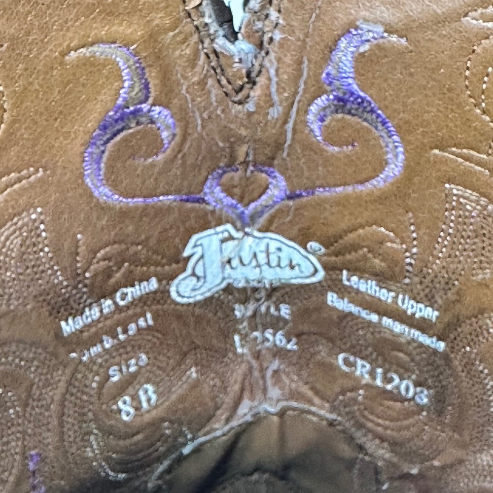 Justin Womens 8B Cowboy Boots Brown Leather Purple Embroidered Western - Picture 7 of 12